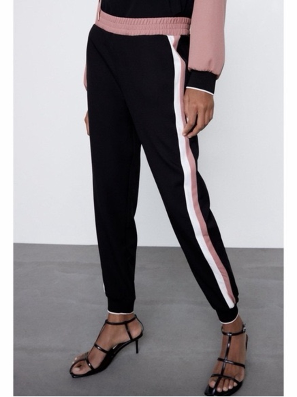 Zara Black Joggers with Pink and White Side Stripes